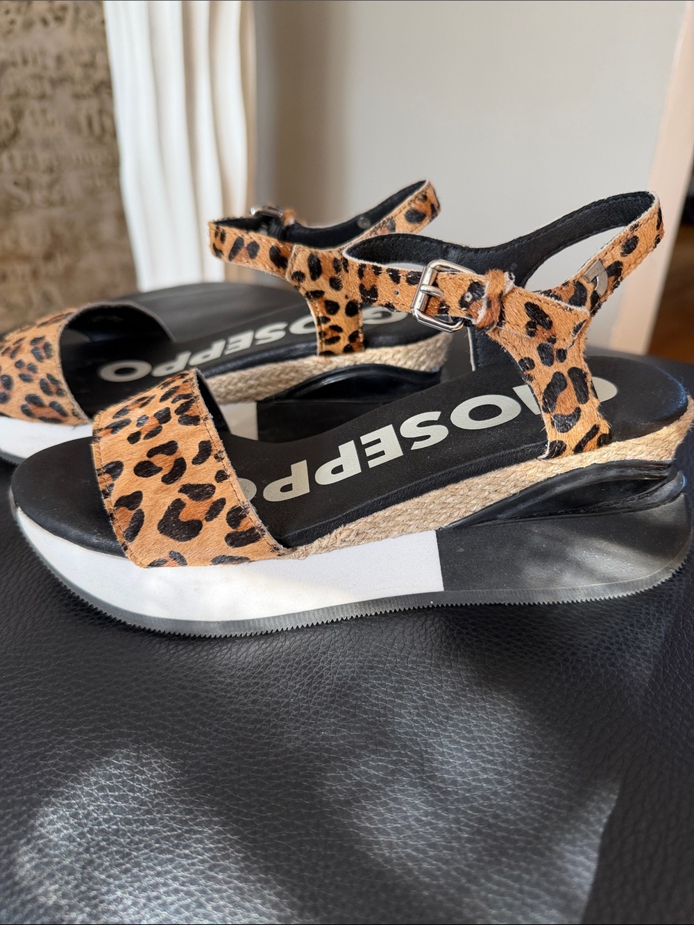 GIOSEPPO Leopard  Print Platform Sandal with Buckle Strap - Black/Tan